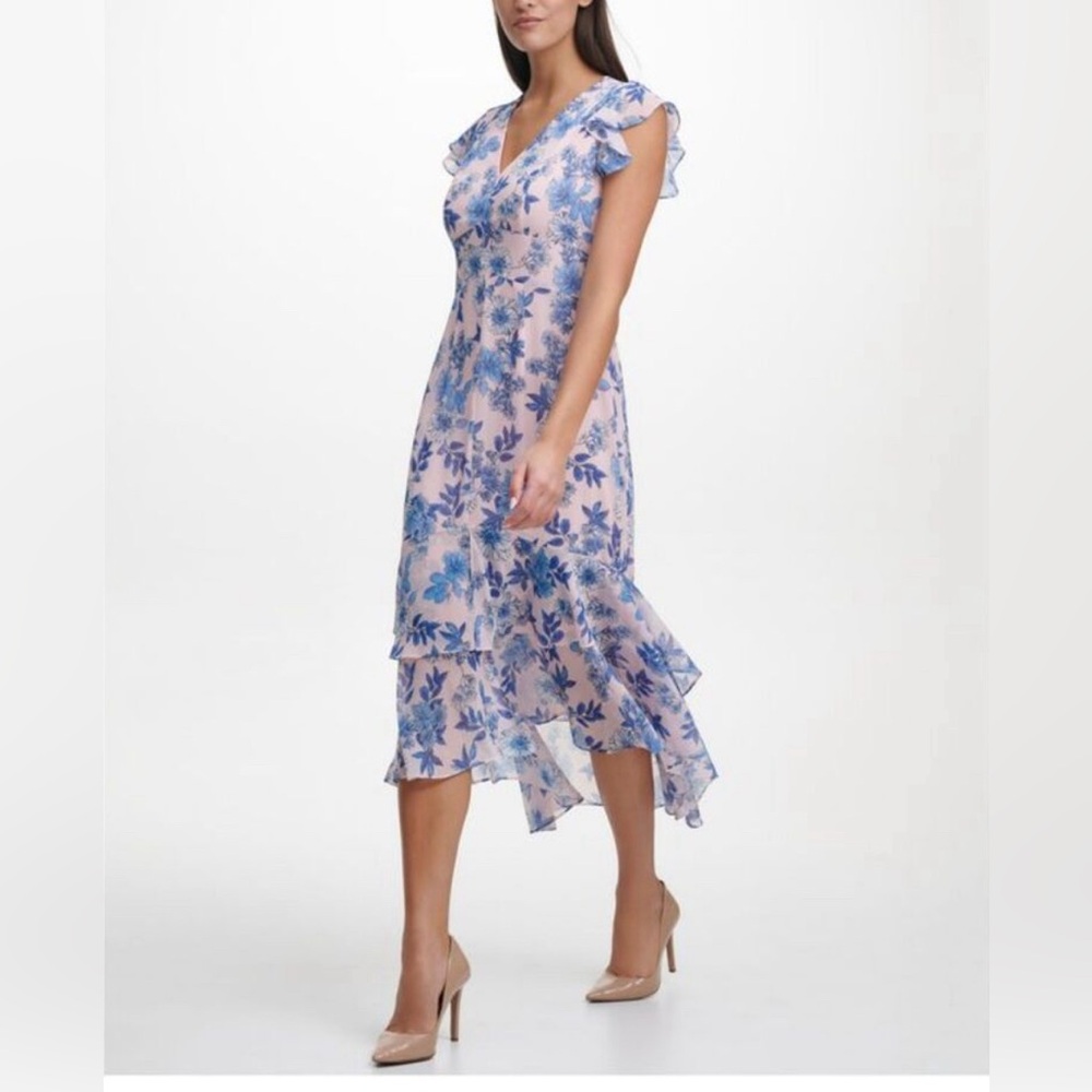 tommy hilfiger dresses pink chiffon flutter sleeve tea-length party hi-lo dress